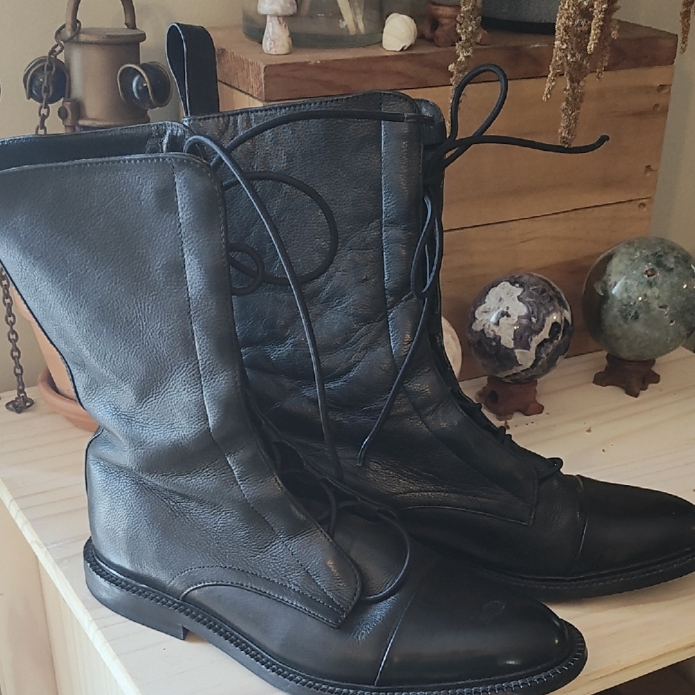 Sleek Black Leather Lace-Up Boots